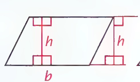 A parallelogram with its altitude labeled h and its base labeled b, and a second altitude drawn outside it.
