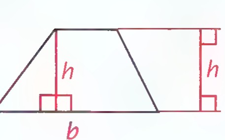 A trapezoid with its altitude labeled h and its base labeled b, and a second altitude drawn outside it.