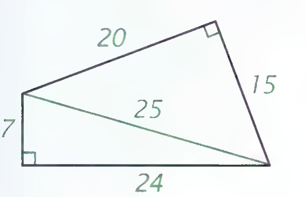 A quadrilateral with sides 20, 15, 24, and 7 and a diagonal of length 25, with right angles marked.