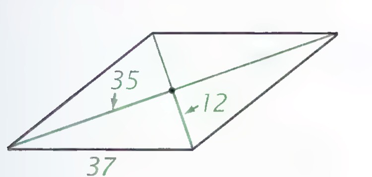 A rhombus with sides 35 and 37 and a diagonal of length 12 marked with a right angle.