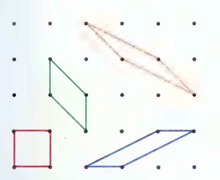 A pegboard with four rubber bands, red, green, orange, and blue, stretched around different sets of pegs.