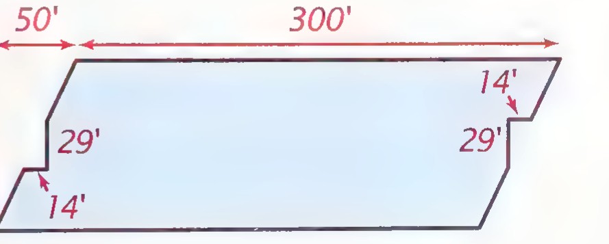 Floor plan shaped like a parallelogram with two corners cut off by right triangles; dimensions 50′, 300′, 29′, 14′, and 14′ are marked.