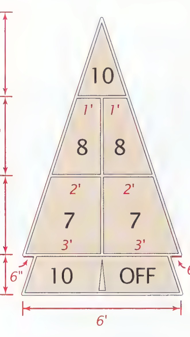 The triangular end of a shuffleboard court, marked off into zones labeled 10, 8, 8, 7, 7, and 10 OFF, with dimensions in feet.