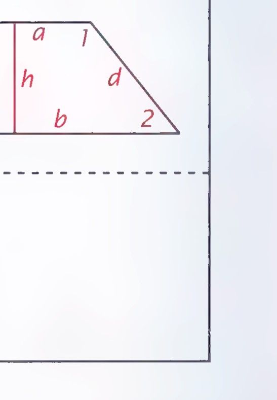 A sheet of lined paper divided by a dashed horizontal line, with a trapezoid drawn on the upper half and labeled a, b, c, d, h, 1, and 2.
