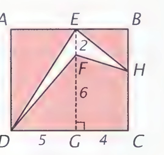 A rectangle divided by segments into shaded and unshaded regions, with points labeled A, B, C, D, E, F, G, and H and lengths 2, 5, 6, and 4 marked.
