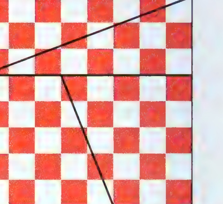 A chessboard cut by a diagonal line and another slanted line into two right triangles and two trapezoids.