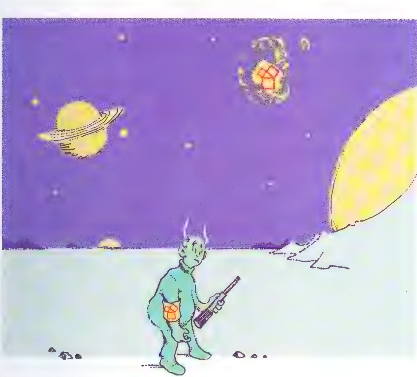 A drawing of a Martian standing on a rocky plain holding a telescope and a book, with the planet Saturn and a huge right triangle with squares on its sides erected in the sky above.