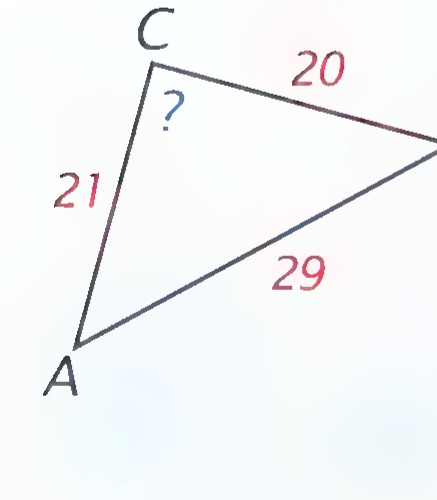 Triangle ABC with sides 21, 20, and 29 and its angle at C marked with a question mark.