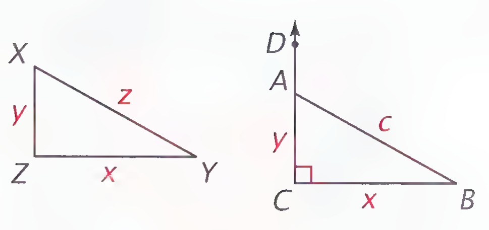 At the left, triangle XYZ with sides x, y, and z; at the right, a construction with a vertical ray from C through D and A and a horizontal segment CB of length x.