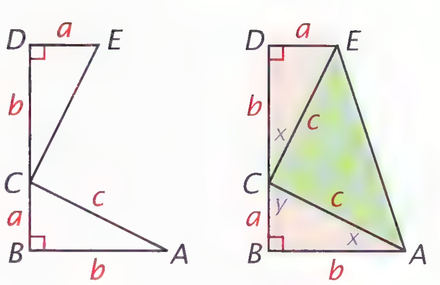 Two right triangles: at the left, ABC with legs a and b extended to D and E; at the right, the same triangle with the second triangle CDE attached and angles labeled x and y.