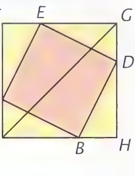 A large square CFGH made of five right triangles, one of them colored pink, all congruent to triangle ABC.