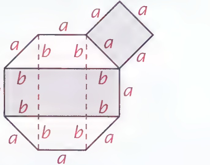 A detail of the mosaic pattern showing a rectangle with a smaller rectangle above it, with sides marked a and b.