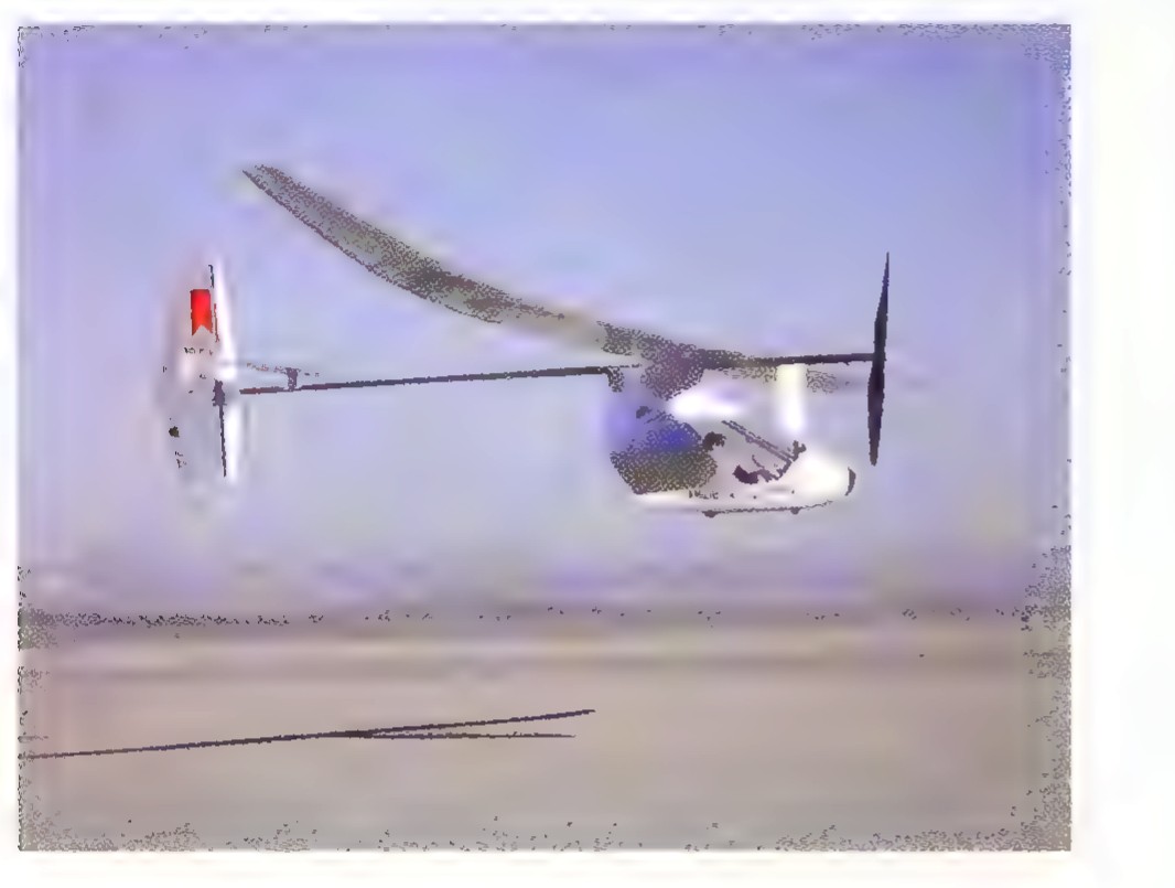 Photograph of the Daedalus, a long-winged human-powered aircraft, flying low over a runway.