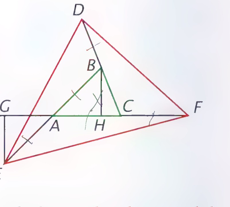 Triangle ABC with its sides extended to points D, E, and F, forming a larger triangle DEF, and perpendiculars BH and EG drawn to line AF.