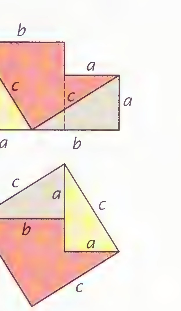 Two arrangements of the same three pieces: above, two right triangles and a square fitted into an L-shape; below, the same pieces forming a larger tilted square.