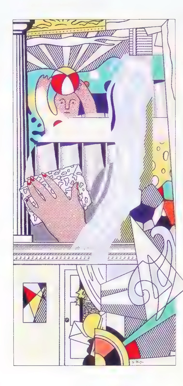 Photograph of Roy Lichtenstein’s painting Mural with Blue Brushstroke: a tall pop-art composition with a woman at a window, a hand holding a letter, and a doorway below.