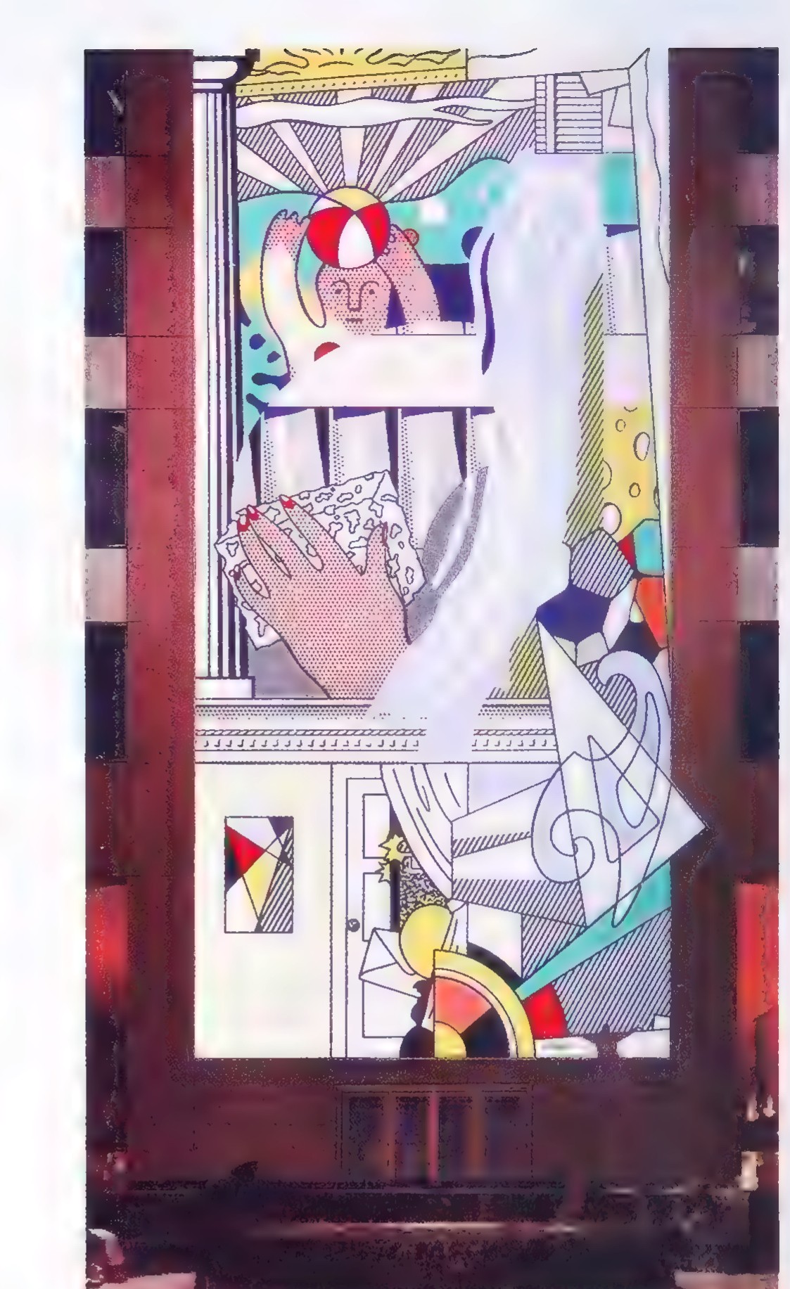 Photograph of the same mural in place, with the artist standing on a ladder in front of the lower part of the painting.