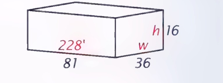A rectangular block with the length 228′ and dimensions 81, 36, and h marked.