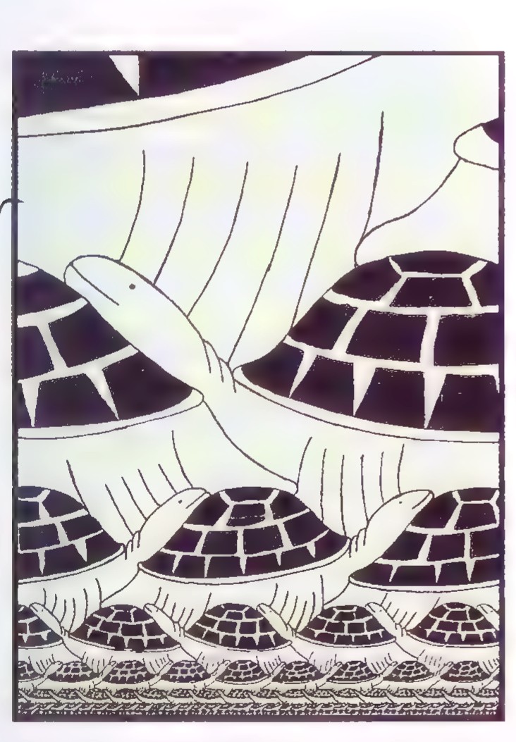 A black-and-white tessellation of turtles, each row containing twice as many turtles as the row above it.