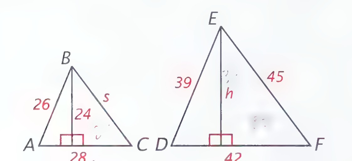 Two right triangles: triangle ABC with legs 26 and 24 and hypotenuse s, and triangle DEF with legs 39 and 42 and hypotenuse 45, altitude h drawn to the hypotenuse.