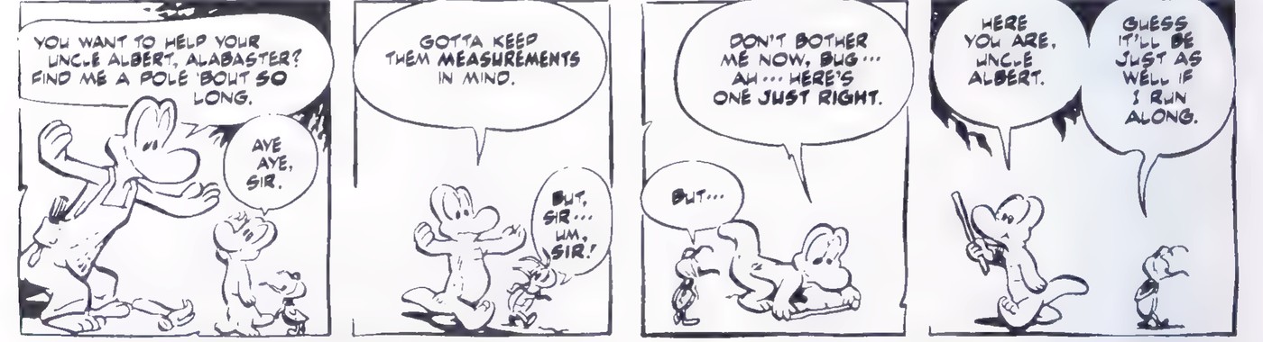 A four-panel Pogo comic strip in which a dog asks Uncle Albert and Alabaster to help measure a pole.