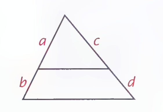 A triangle with a line segment parallel to its base, dividing the sides into parts labeled a, b, c, and d.