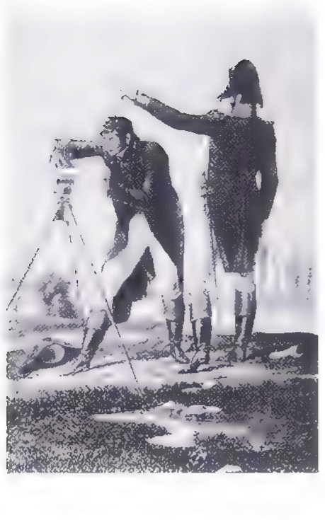 An old photograph of two surveyors at a plane table, one sighting along a ruler while the other writes.