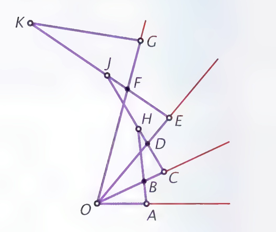 A linkage of hinged bars radiating from point O, with points A through K labeled along the bars; the bars form three similar triangles OAB, OCD, and OEF.