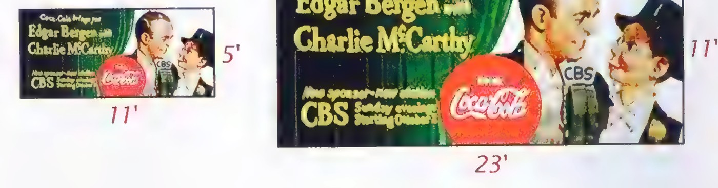 Two “poster panel” billboards, one small and one large, both advertising Edgar Bergen and Charlie McCarthy; the small one is marked 5′ by 17′ and the large one 11′ by 23′.