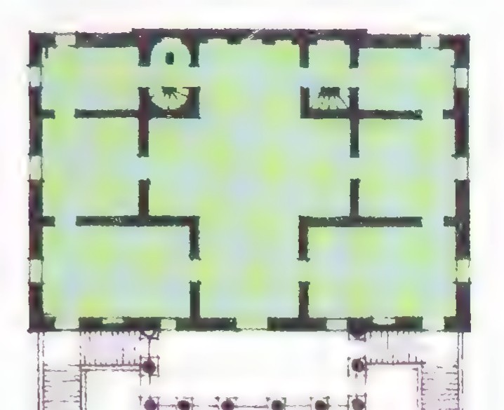 The floor plan of the Villa Foscari, showing a symmetrical arrangement of rooms around a central hall.