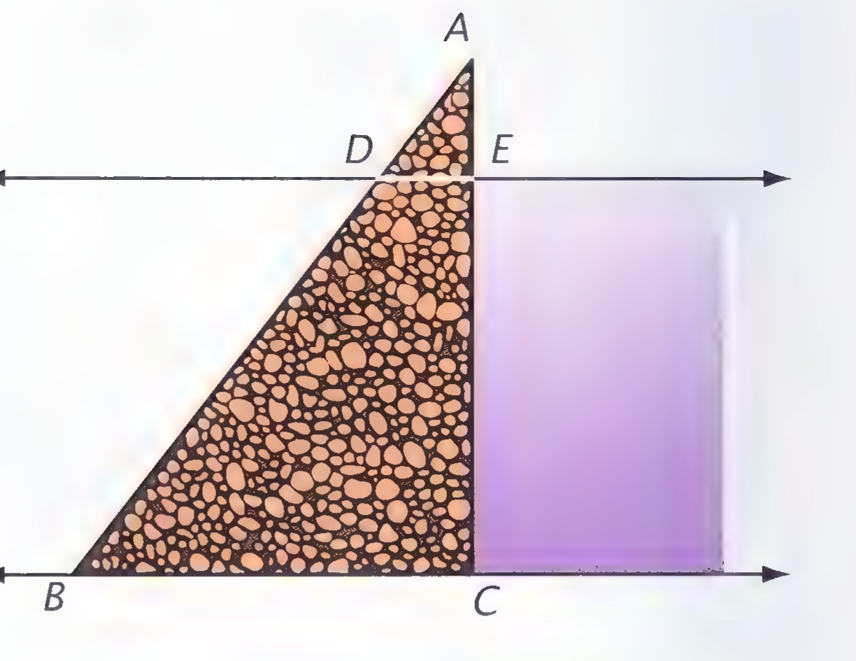 A side view of a triangular dam: the cross section ABC is shaded with stones, water presses against its vertical face, and the water level DE is drawn parallel to the ground BC.