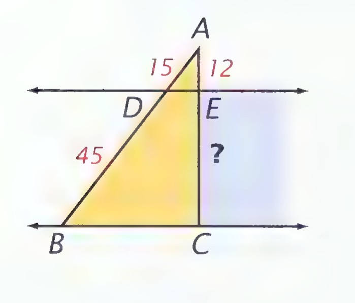 The same triangular cross section with AD = 15, DB = 45, AE = 12, and EC marked with a question mark.