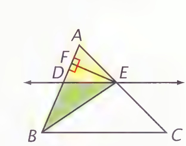 Triangle ABC with DE parallel to BC, with BE drawn and EF perpendicular to AB.