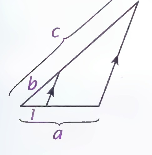 Two parallel lines crossed by two transversals, with segments labeled c, b, and 1 along one transversal and a along the base.