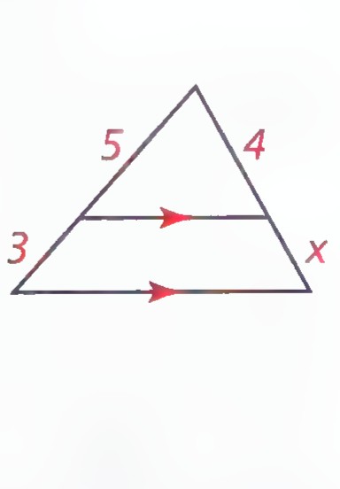A triangle with a line parallel to its base, dividing the left side into segments 3 and 5 and the right side into 4 and x.