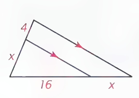A triangle with a line parallel to its base, dividing the left side into segments 4 and x and the base into 16 and x.