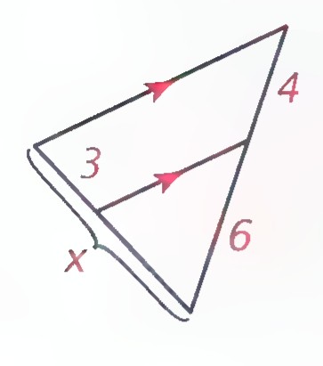 A triangle with a line parallel to its base, dividing the left side into segments 3 and x and the right side into 4 and 6.