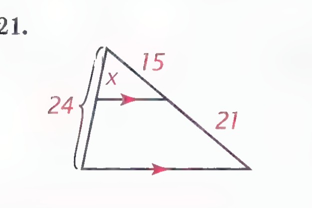 A triangle with a line parallel to its base, dividing the upper left side into segments 15 and x, with 24 and 21 marked along the other sides.