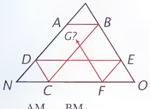 Triangle MNO with a zigzag path beginning at A on MN and running parallel to the sides, meeting MN again at G; points B, C, D, E, and F lie along the path.