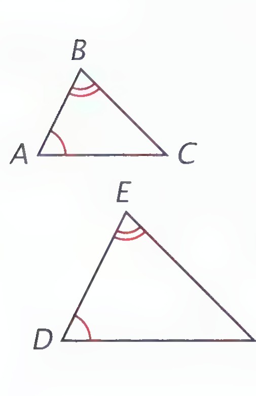 Triangle ABC and triangle DEF with corresponding angles at A and D and at B and E marked equal.