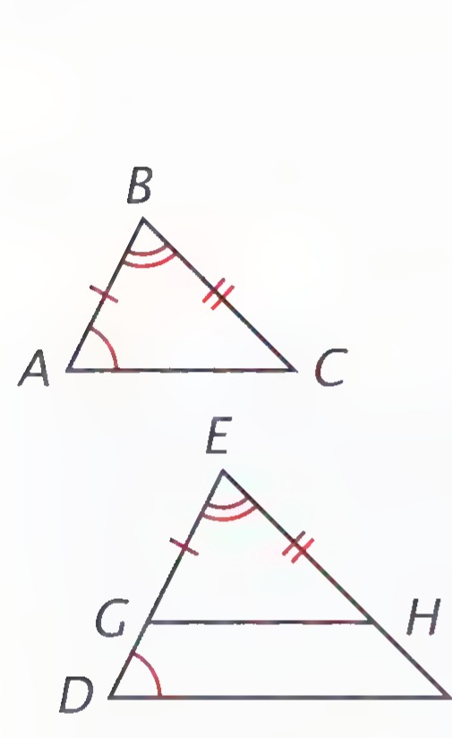 Triangle ABC and triangle DEF with G on DE and H on EF, GH drawn parallel to DF, and equal angles marked.