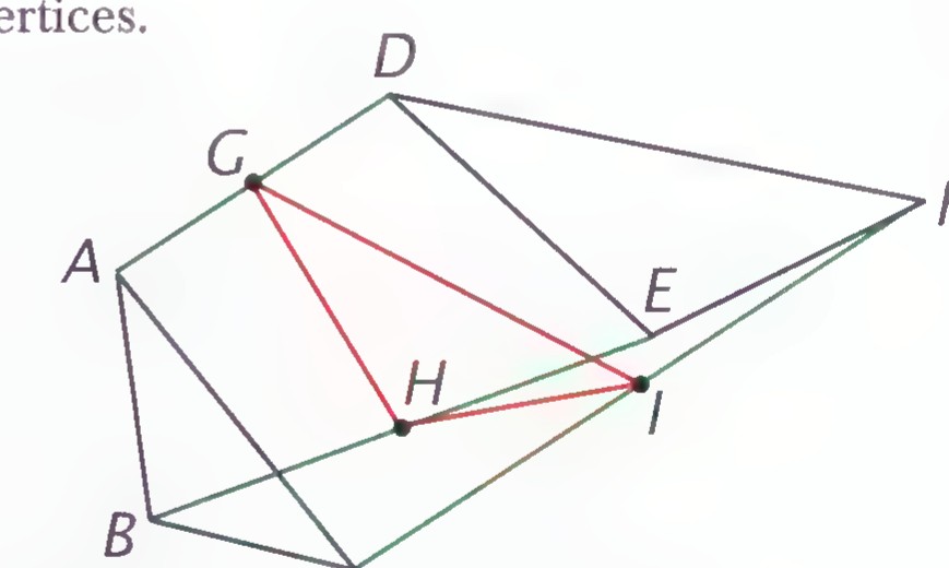 Similar triangles ABC and DEF with joined vertices and segments GA, HC, and IF drawn, meeting at a point.
