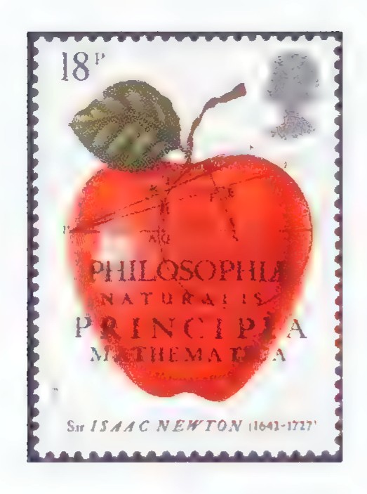 A British postage stamp honoring Sir Isaac Newton, showing an apple and the title page of his Principia.