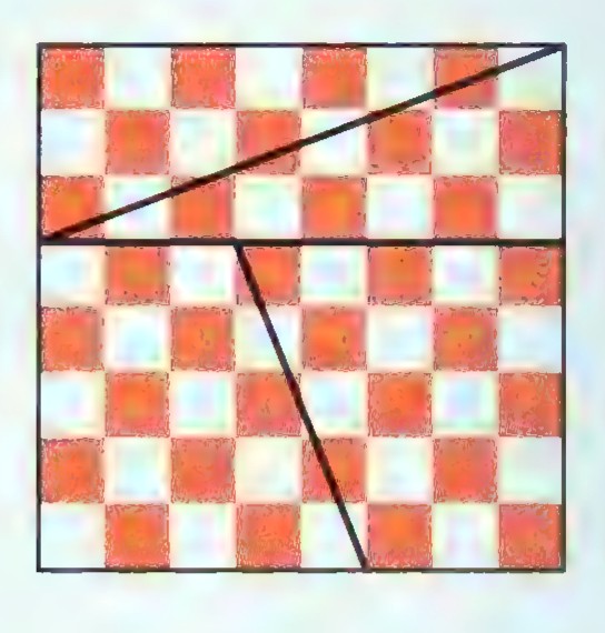 A chessboard cut by a diagonal line and two other cuts into four pieces.