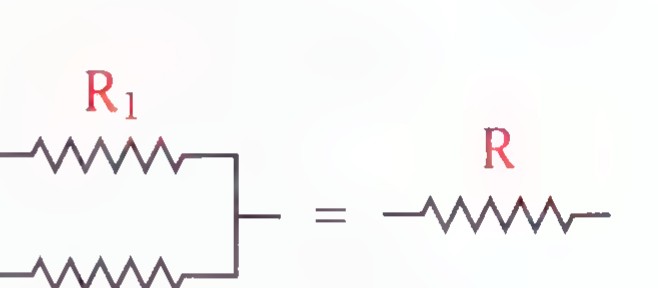 Two resistors R_1 and R_2 in parallel, shown equal to a single resistor R in series.