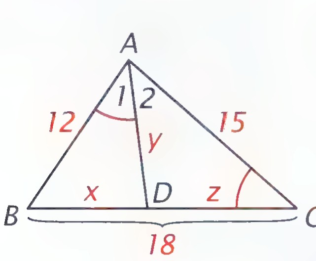 Triangle ABC with D on BC; AD drawn, angles 1 and 2 marked at A, and x, y, z, 12, 15, and 18 labeling the segments.