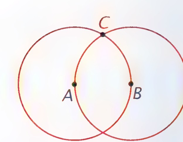 Two circles of equal radius centered at A and B intersecting at C.