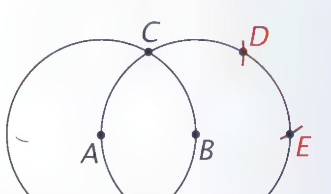 The two circles centered at A and B, with arcs marking D and E to the right.