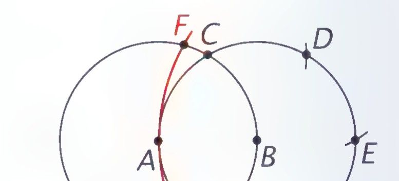The construction with an arc centered at E cutting the left circle at F and G.