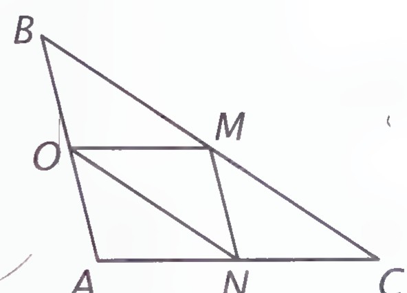 Triangle ABC with midpoints M, N, and O of the sides and segments MN, MO, and NO drawn.